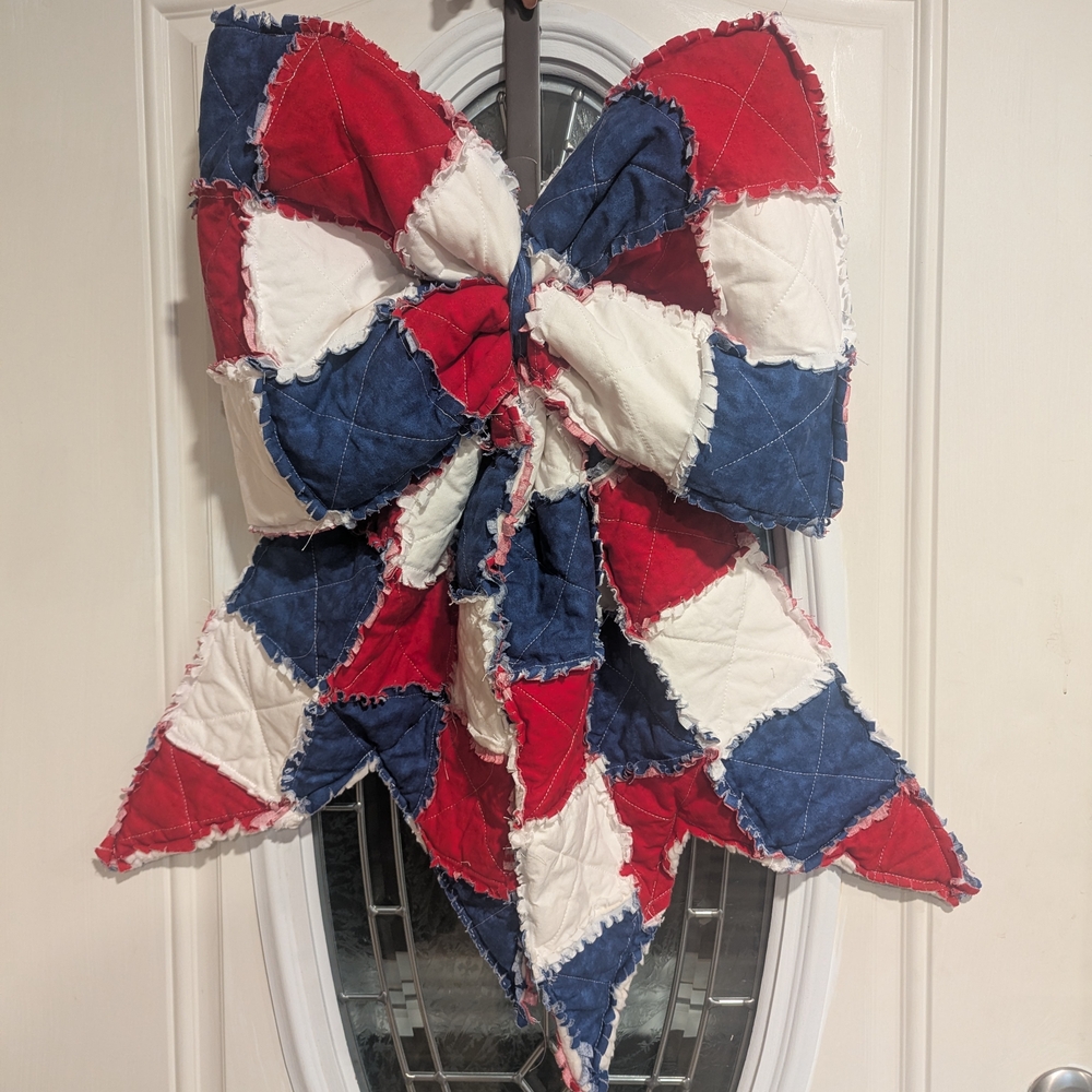 Handmade Patriotic Rag Quilt Door Bow - Picture 2 of 7